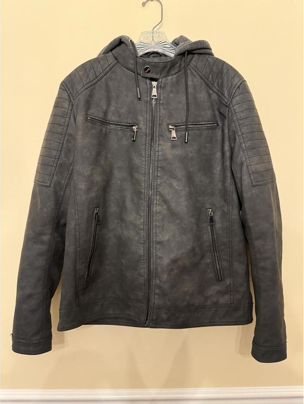 Men’s Hooded Faux Leather Motorcycle Jacket Grey L